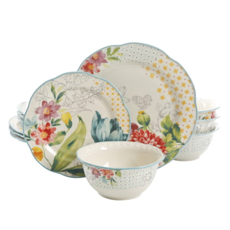 The Pioneer Woman Blooming Bouquet White Ceramic 12-Piece Dinnerware Set | Bigbigmart.com