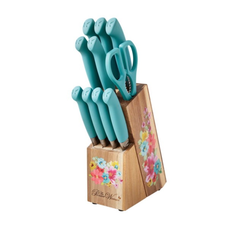 The Pioneer Woman Breezy Blossoms 11-Piece Stainless Steel Knife Block Set, Teal | Bigbigmart.com