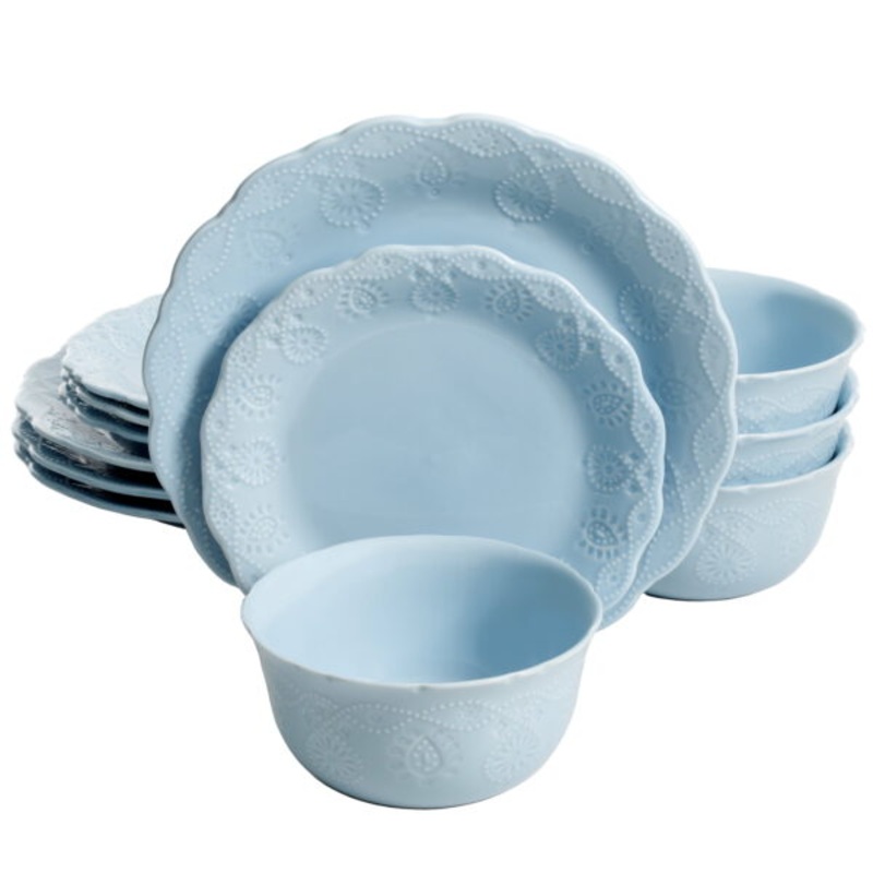 The Pioneer Woman Cowgirl Lace 12-Piece Dinnerware Set, Light Blue | Bigbigmart.com