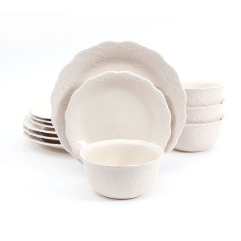 The Pioneer Woman Cowgirl Lace 12-Piece Dinnerware Set, Linen | Bigbigmart.com