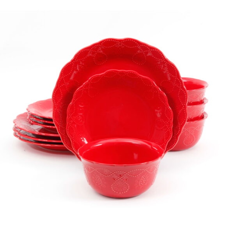 The Pioneer Woman Cowgirl Lace 12-Piece Dinnerware Set, Red | Bigbigmart.com