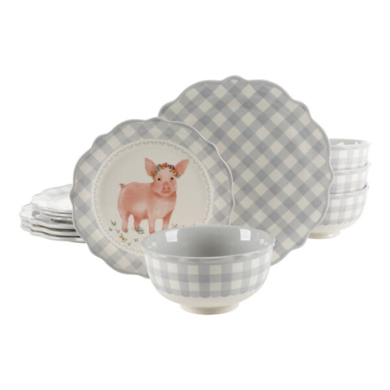 The Pioneer Woman Gingham Grey 12-Piece Dinnerware Set | Bigbigmart.com