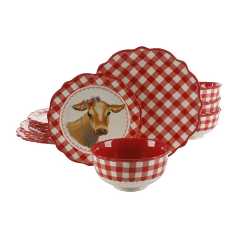 The Pioneer Woman Gingham Red Stoneware 12-Piece Dinnerware Set | Bigbigmart.com