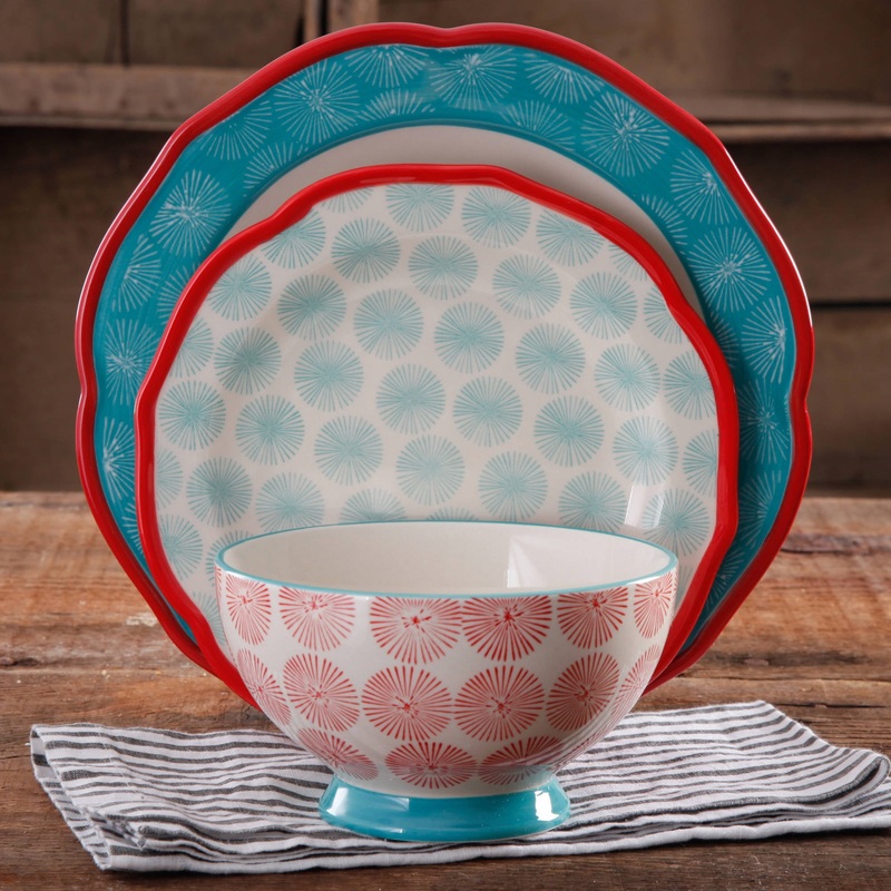 The Pioneer Woman Happiness Scalloped 12-Piece Dinnerware Set, Red | Bigbigmart.com