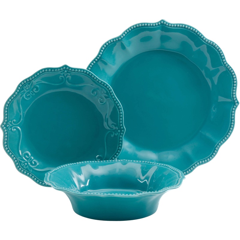 The Pioneer Woman Paige 12-Piece Dinnerware Set, Turquoise | Bigbigmart.com