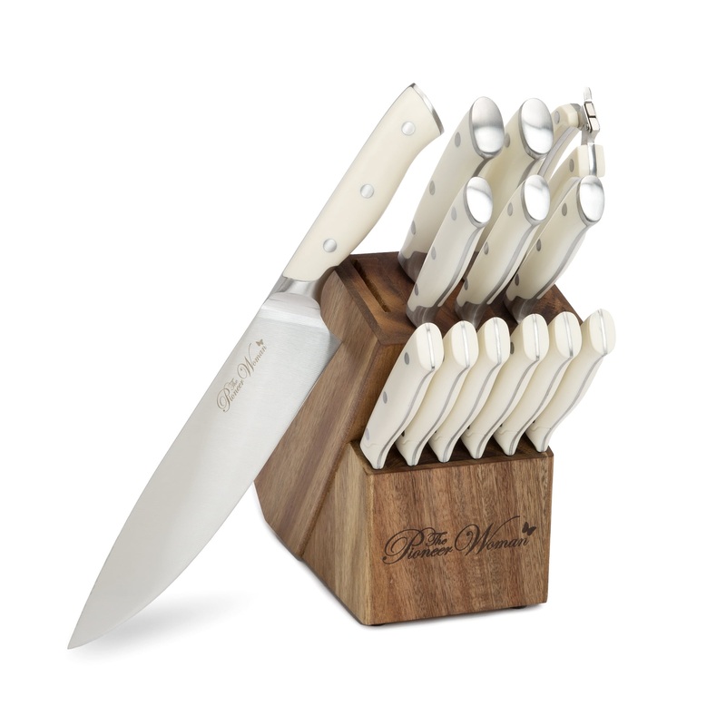 The Pioneer Woman Pioneer Signature 14-Piece Stainless Steel Knife Block Set, Linen | Bigbigmart.com