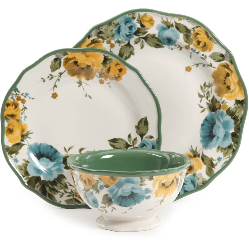 The Pioneer Woman Rose Shadow Green Ceramic 12-Piece Dinnerware Set | Bigbigmart.com