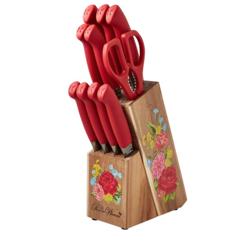 The Pioneer Woman Sweet Rose 11-Piece Stainless Steel Knife Block Set, Red | Bigbigmart.com