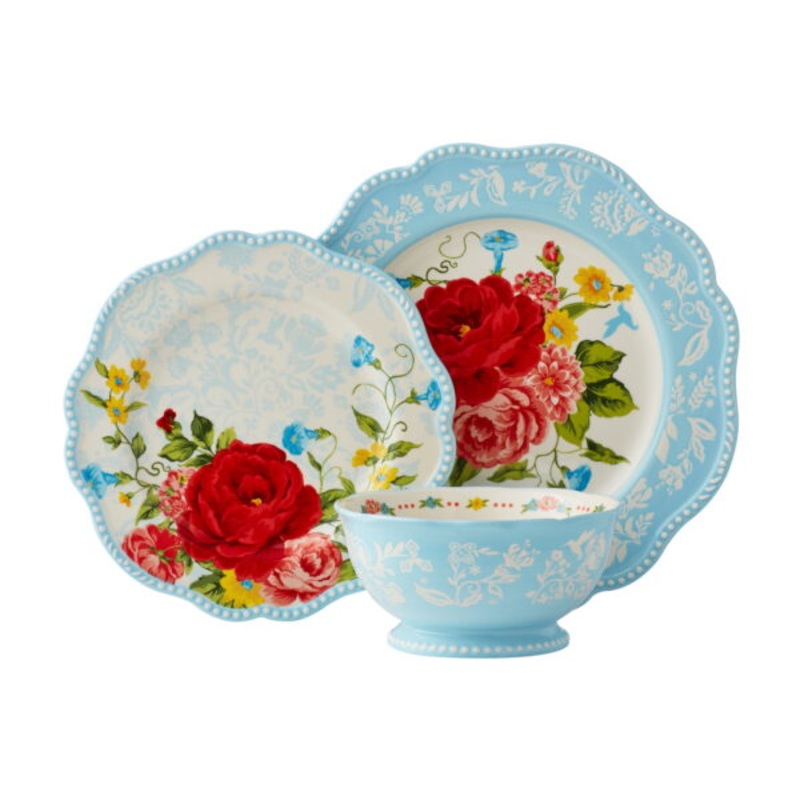 The Pioneer Woman Sweet Rose Light Blue Stoneware 12-Piece Dinnerware Set | Bigbigmart.com