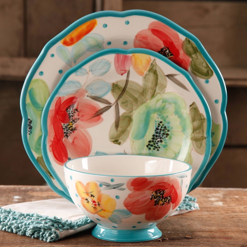 The Pioneer Woman Vintage Bloom 12-Piece Dinnerware Set, Turquoise | Bigbigmart.com
