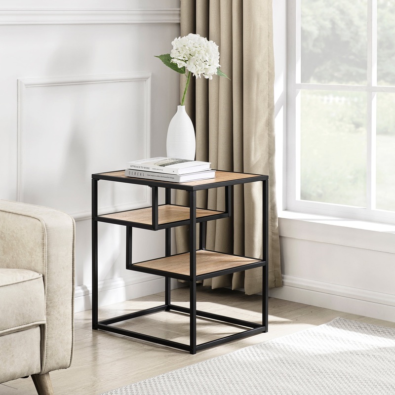 Walker Edison Contemporary Wood and Metal Tiered Side Table, Coastal Oak | Bigbigmart.com