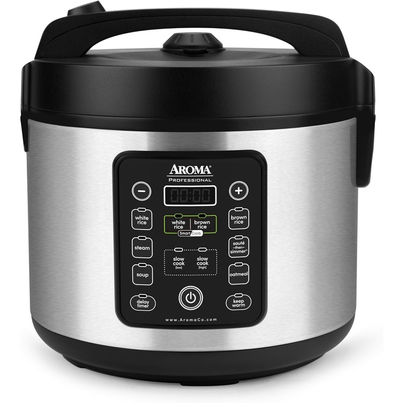 Aroma Housewares ARC-1120SBL SmartCarb Cool-Touch Stainless Steel Rice Multicooker Food Steamer, Slow Cooker with Non-Stick Inner Pot and Steam Tray, 20-Cup(cooked)/ 5Qt, Black | Bigbigmart.com