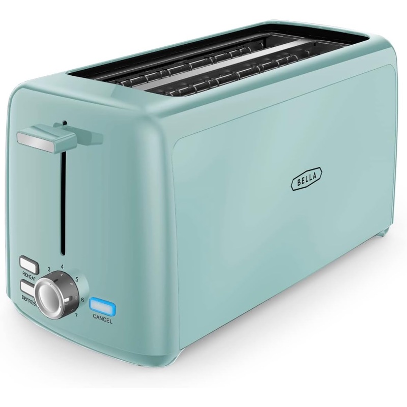 BELLA 4 Slice Toaster, Long Slot & Removable Crumb Tray, 7 Shading Options with Auto Shut Off, Cancel & Reheat Button, Toast Bread & Bagel, Aqua | Bigbigmart.com