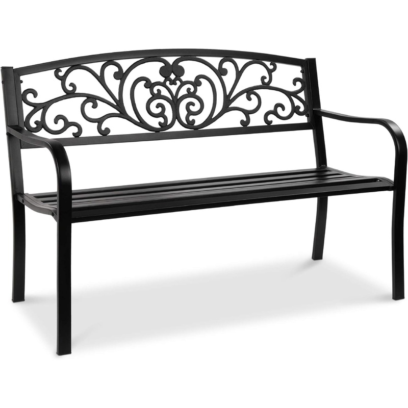 Best Choice Products Outdoor Bench Steel Garden Patio Porch Furniture for Lawn, Park, Deck w/Floral Design Backrest, Slatted Seat – Black | Bigbigmart.com
