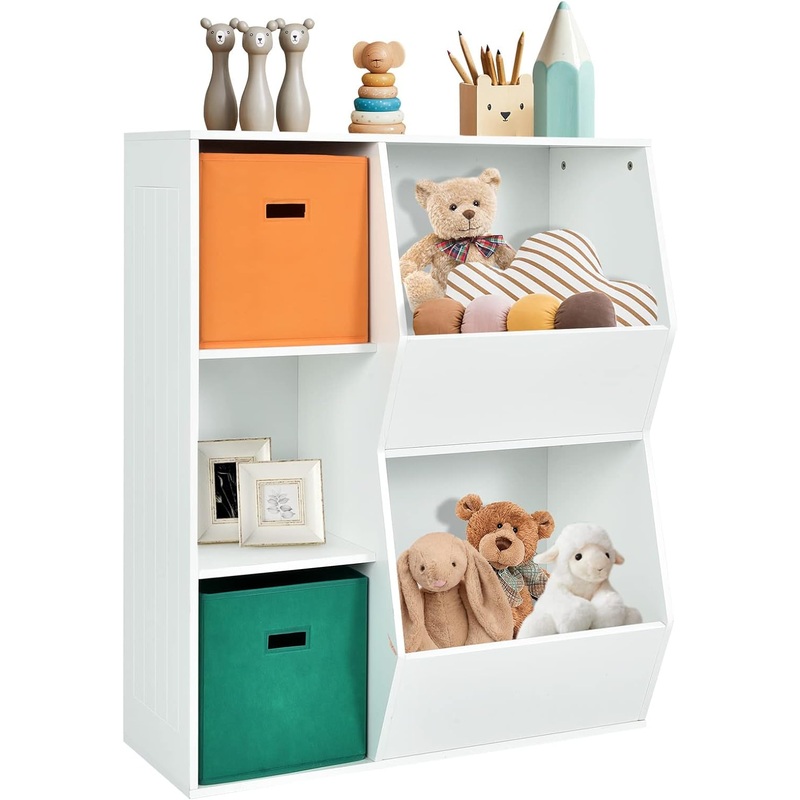 Costzon 5 Cubbies Kids Toy Storage Organizer with Bookcase, Children Bookshelf and Toy Storage Bins for Toddlers, Wooden Storage Cabinet