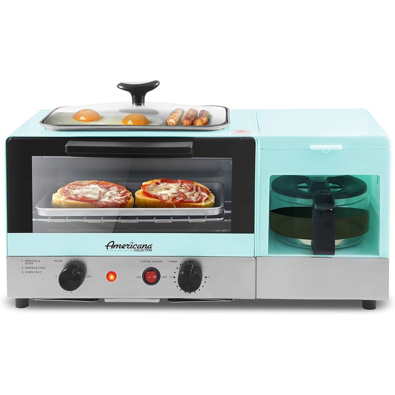 Elite Gourmet Americana 2 Slice, 9.5 Griddle with Glass Lid, 3-in-1 Breakfast Center Station, 4-Cup Coffeemaker, Toaster Oven with 15-Min Timer, Heat Selector Mode, Blue | Bigbigmart.com