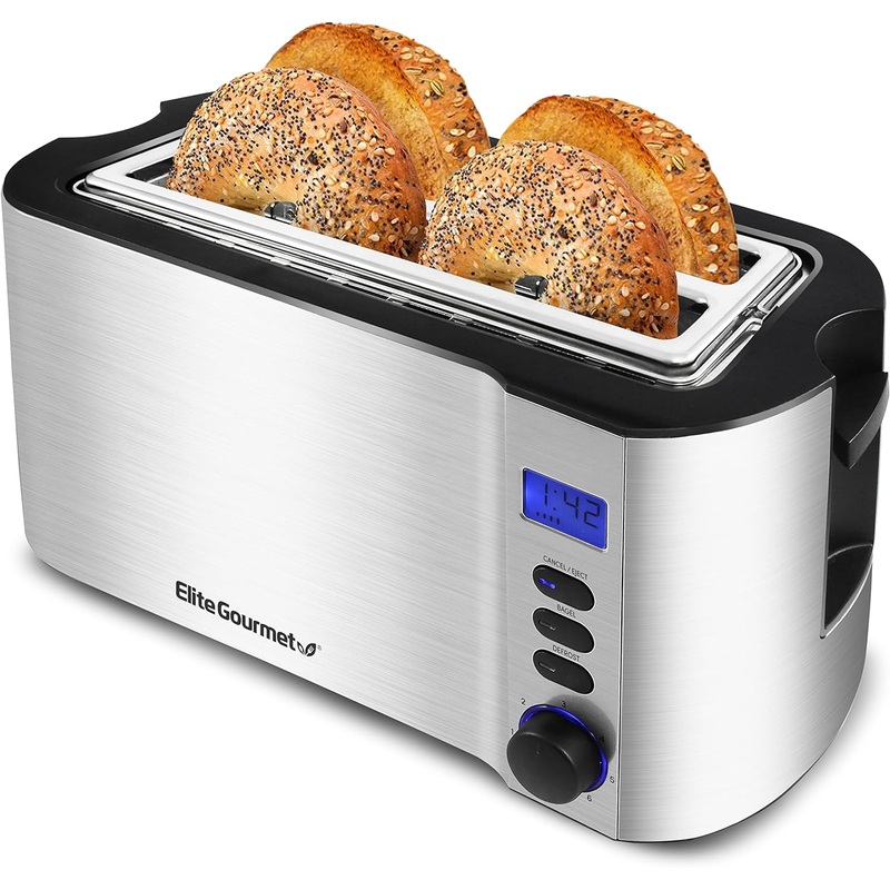 Elite Gourmet ECT4400B# Long Slot 4 Slice Toaster, Countdown Timer, 6 Toast Setting, Defrost, Cancel Function, Built-in Warming Rack, Extra Wide Slots for Bagel Waffle, Stainless Steel | Bigbigmart.com