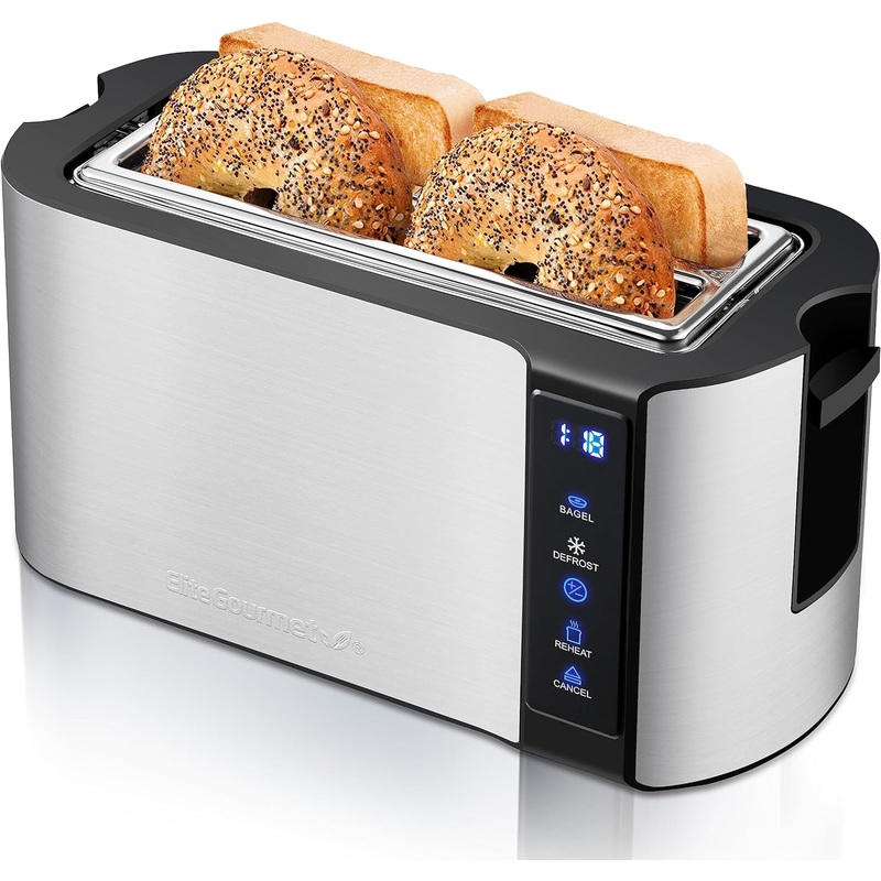 Elite Gourmet ECT5322 Long Slot 4 Slice Toaster, Countdown Timer, Bagel Function 6 Toast Setting, Defrost, Cancel Function, Built-in Warming Rack, Extra Wide Slots for Bagels Waffles, Stainless Steel | Bigbigmart.com