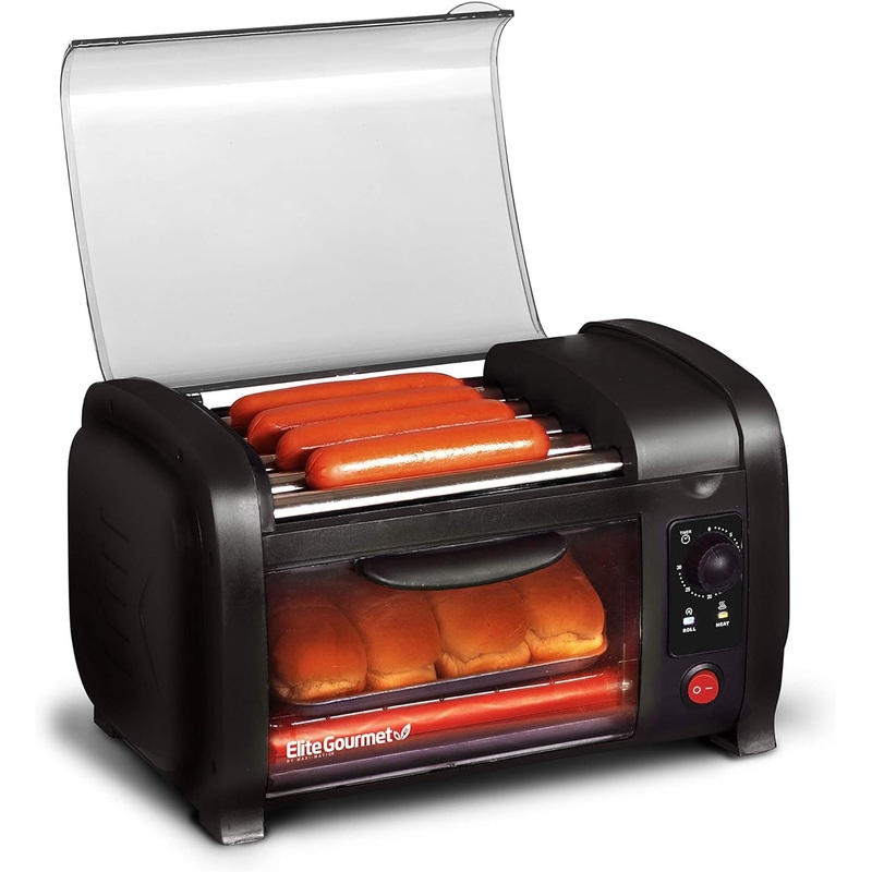 Elite Gourmet Elite Cuisine EHD-051B# Hot Dog Toaster Oven, 30-Min Timer, Stainless Steel Heat Rollers Bake & Crumb Tray, World Series Baseball, 4 Bun Capacity, Black | Bigbigmart.com