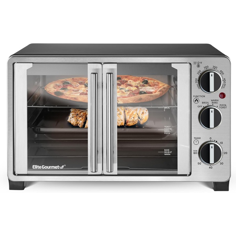 Elite Gourmet ETO2530M Double French Door Countertop Toaster Oven, Bake, Broil, Toast, Keep Warm, Fits 12 pizza, 25L capacity, Stainless Steel & Black | Bigbigmart.com