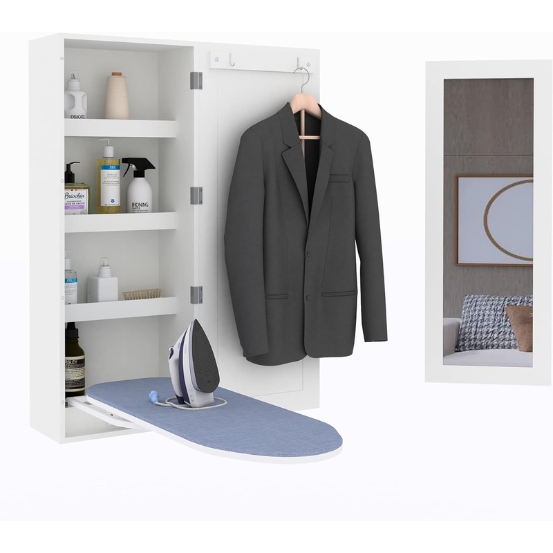 Facilehome Ironing Board Cabinet Wall Mounted Storage Cabinet Foldable with Mirror,White | Bigbigmart.com