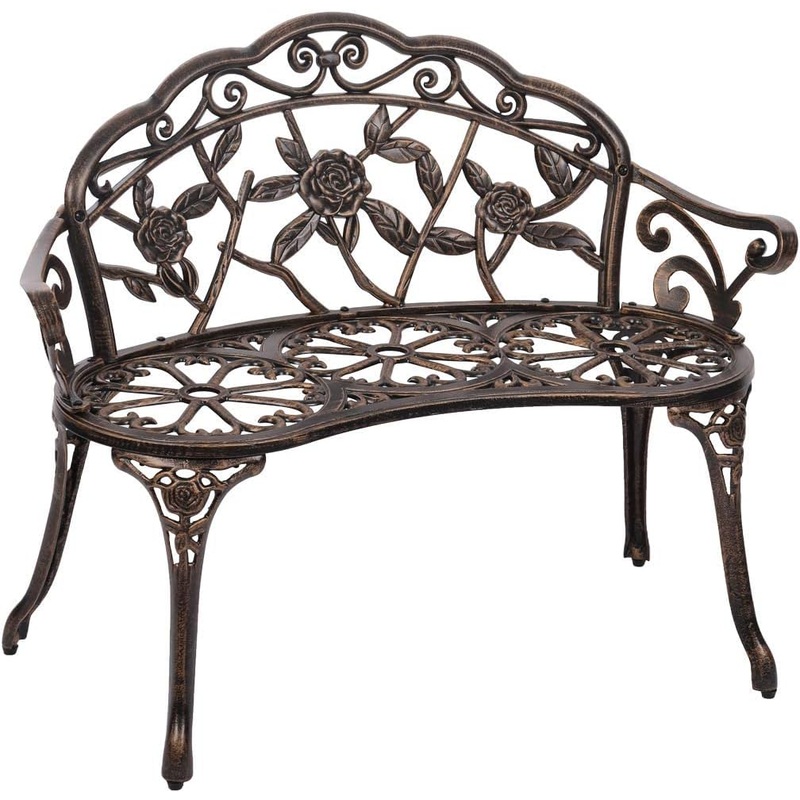 FDW Garden Bench Park Bench Metal Bench Outdoor Benches Patio Yard Bench Floral Rose Accented Bronze | Bigbigmart.com