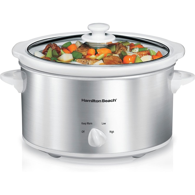 Hamilton Beach 4-Quart Slow Cooker with 3 Cooking Settings, Dishwasher-Safe Stoneware Crock & Glass Lid, Stainless Steel (33140G) | Bigbigmart.com