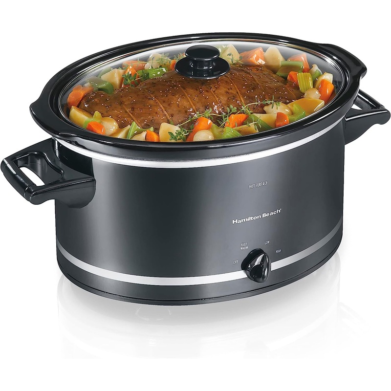 Hamilton Beach Slow Cooker with 3 Cooking Settings, Dishwasher-Safe Stoneware Crock & Glass, 8-Quart Built-In Lid Rest, Black | Bigbigmart.com