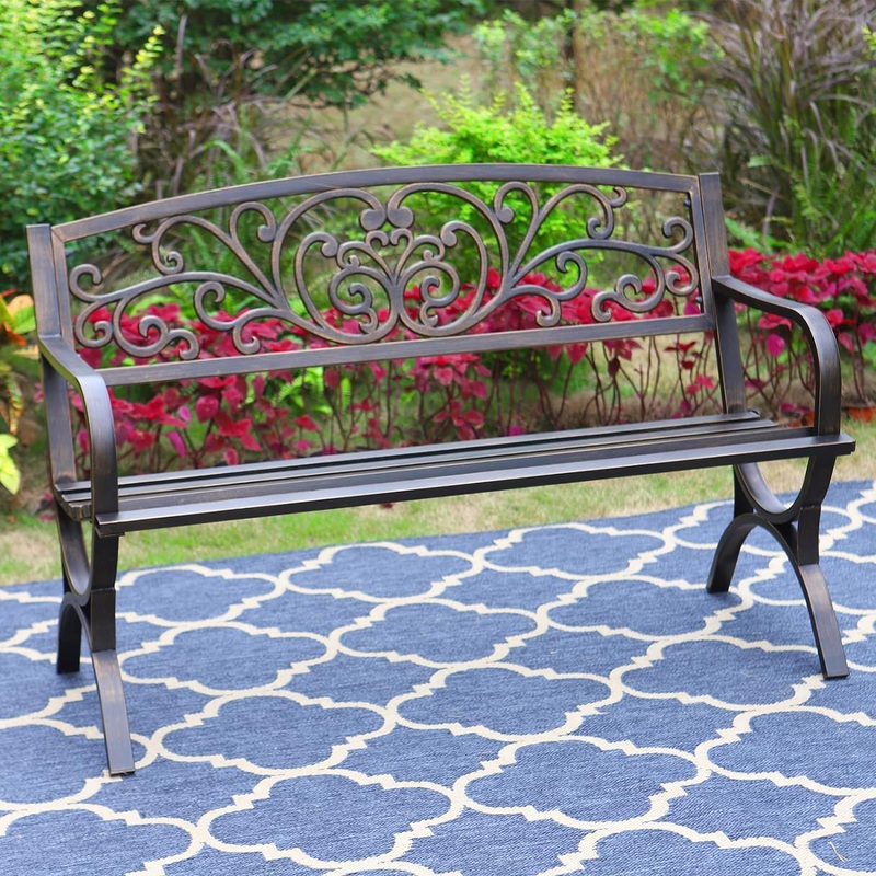 MFSTUDIO 50 Inches Outdoor Garden Bench,Cast Iron Metal Frame Patio Park Bench with Floral Pattern Backrest,Arch Legs for Porch,Lawn,Yard-Bronze | Bigbigmart.com