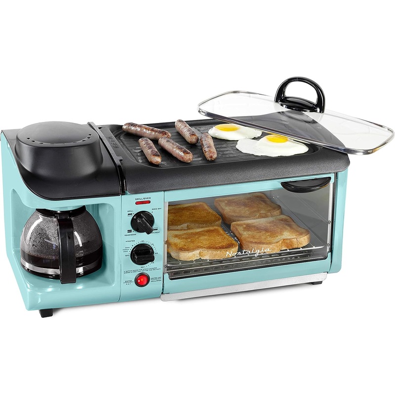Nostalgia 3-in-1 Breakfast Station – Includes Coffee Maker, Non-Stick Griddle, and 4-Slice Toaster Oven – Versatile Breakfast Maker with Timer – Aqua | Bigbigmart.com