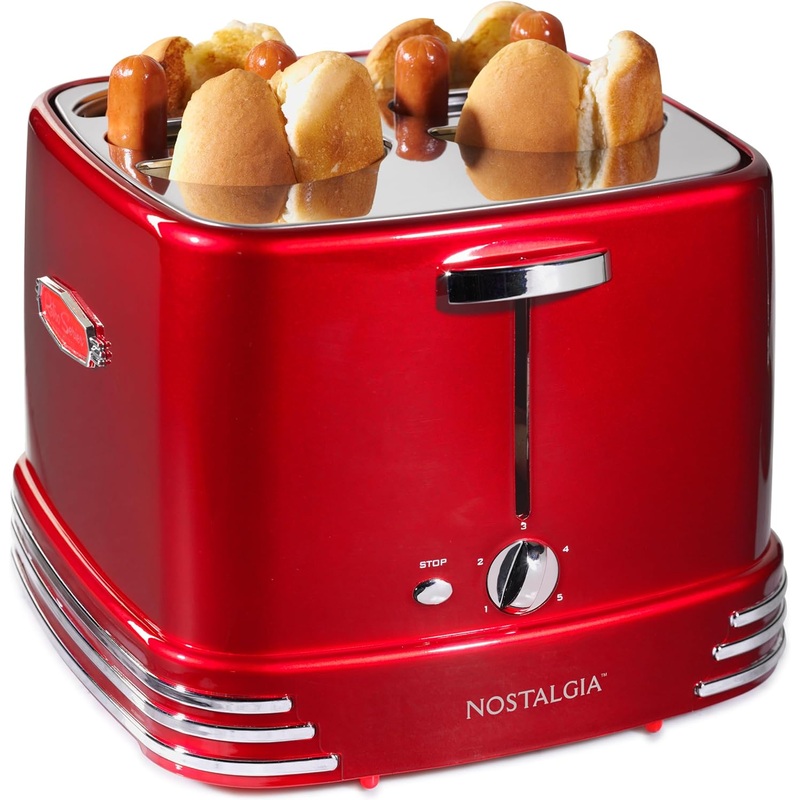 Nostalgia 4 Slot Hot Dog and Bun Toaster with Mini Tongs, Hot Dog Toaster Works with Chicken, Turkey, Veggie Links, Sausages and Brats, Metallic Red | Bigbigmart.com