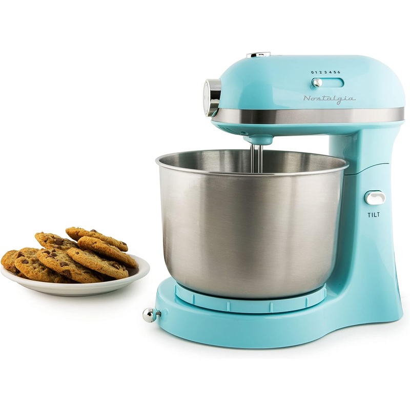 Nostalgia Classic Retro Professional 3.5 Qt Stand Mixer with Tilt Head and Stainless Steel Bowl, Six-Speed, Includes Dough Hooks and Beaters, Aqua | Bigbigmart.com
