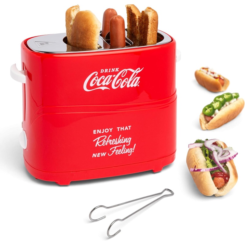 Nostalgia Coca-Cola 2 Slot Bun Mini Tongs, Hot Dog Toaster Works with Chicken, Turkey, Veggie Links, Sausages and Brats, Retro Red | Bigbigmart.com