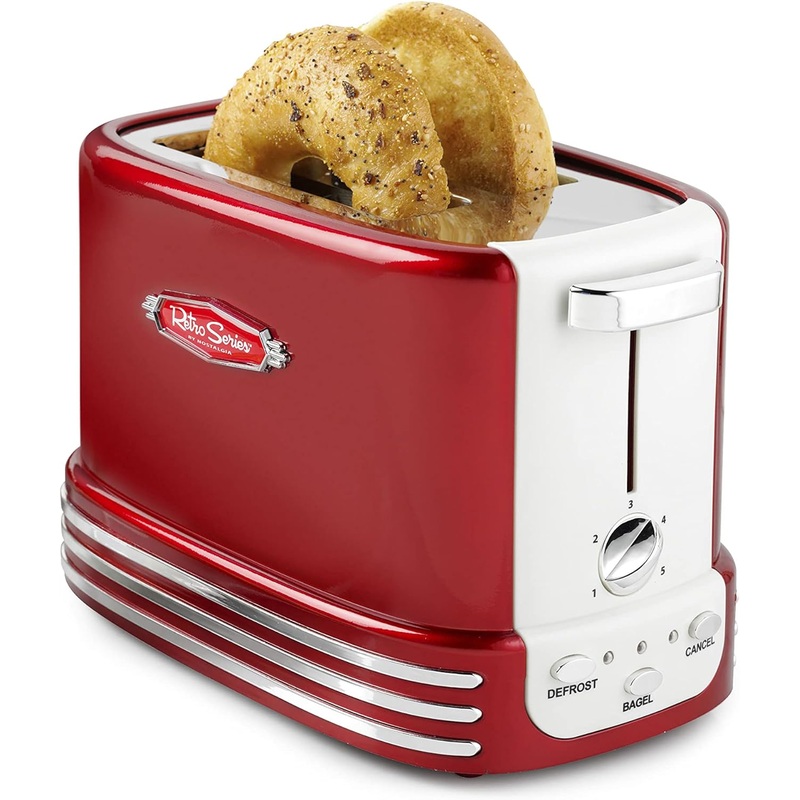 Nostalgia Retro Wide 2-Slice Toaster, Vintage Design With Crumb Tray, Cord Storage & 5 Toasting Levels, Red | Bigbigmart.com