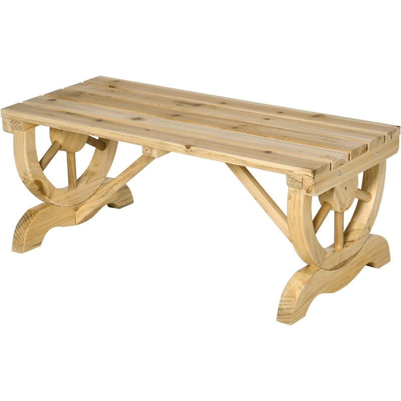 Outsunny 2-Person Wooden Garden Bench, Outdoor Wagon Wheel Porch Bench for Backyard Garden, Support 550 LBS, Rustic Country Style Patio Furniture, Natural | Bigbigmart.com