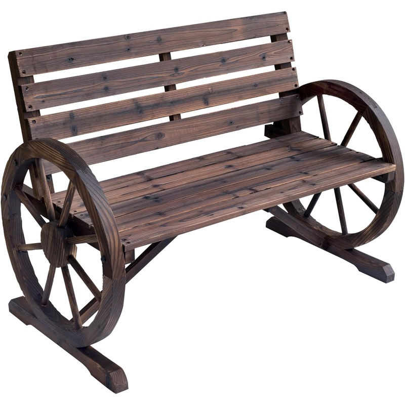 Outsunny Wooden Wagon Wheel Bench, Rustic Outdoor Patio Furniture, 2-Person Seat Bench for Backyard, Patio, Garden, 41.5 x 23.25 x 29.5, Brown | Bigbigmart.com