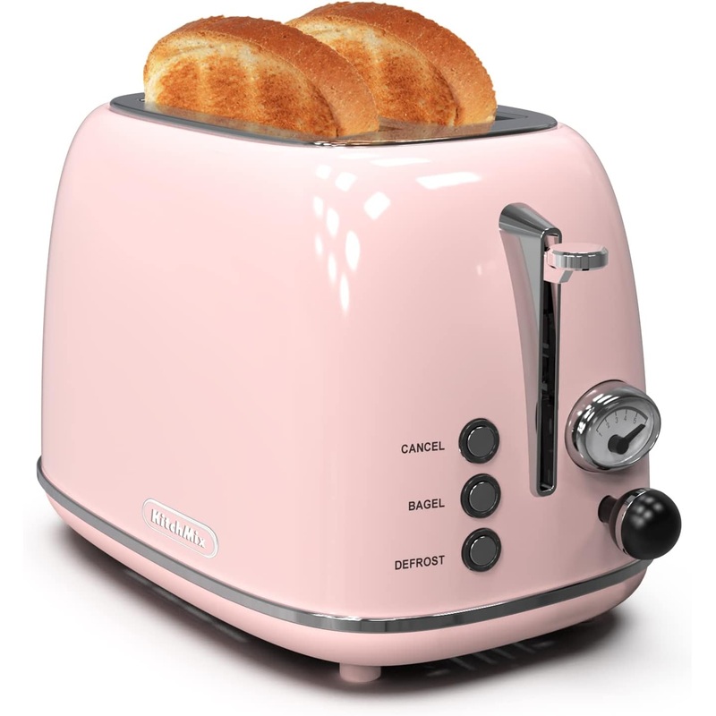 Toaster 2 slice,Retro Stainless Steel Toaster with 6 Settings, 1.5 In Extra Wide Slots, Bagel/Defrost/Cancel Function, Removable Crumb Tray (Baby pink) | Bigbigmart.com