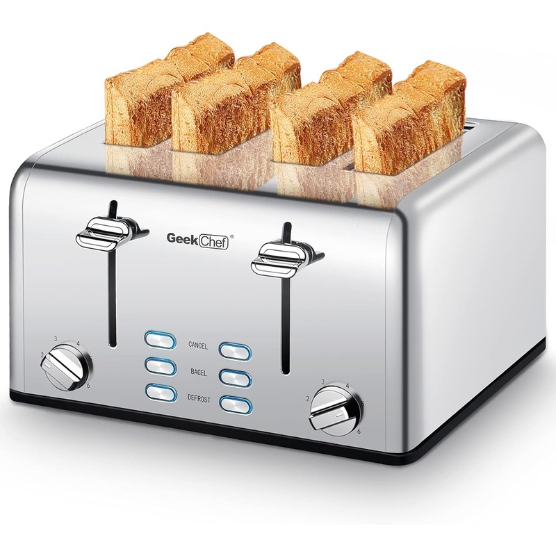 Toaster 4 Slice, Geek Chef Stainless Steel Toaster with Extra Wide Slots, 4 Slot Toaster with Bagel/Defrost/Cancel Function, Dual Control Panel of 6 Toasting Bread Shade Settings | Bigbigmart.com