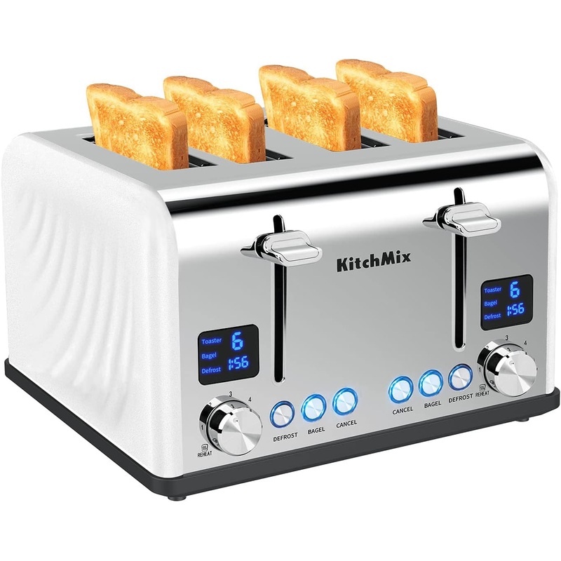 Toaster 4 Slice, KitchMix Bagel Stainless Toaster with LCD Timer, Extra Wide Slots, Dual Screen, Removal Crumb Tray (White) | Bigbigmart.com