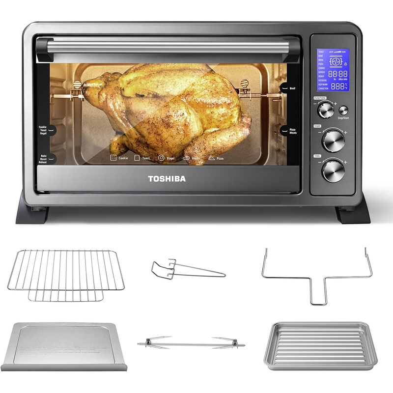 TOSHIBA AC25CEW-BS Large 6-Slice Convection Toaster Oven Countertop, 10-In-One with Toast, Pizza and Rotisserie, 1500W, Black Stainless Steel, Includes 6 Accessories | Bigbigmart.com
