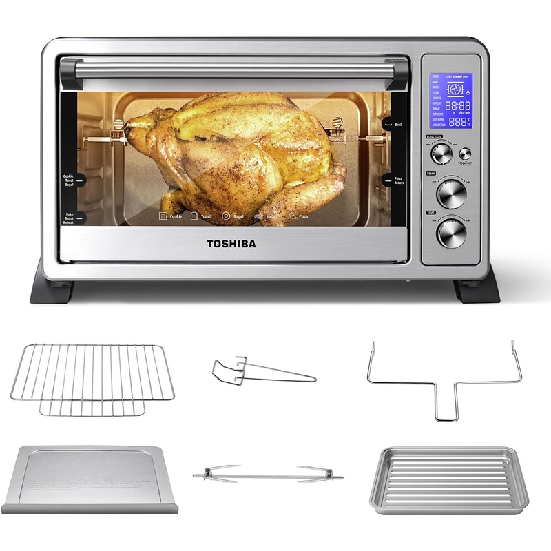 TOSHIBA AC25CEW-SS Large 6-Slice Convection Toaster Oven Countertop, 10-In-One with Toast, Pizza and Rotisserie, 1500W, Stainless Steel, Includes 6 Accessories | Bigbigmart.com