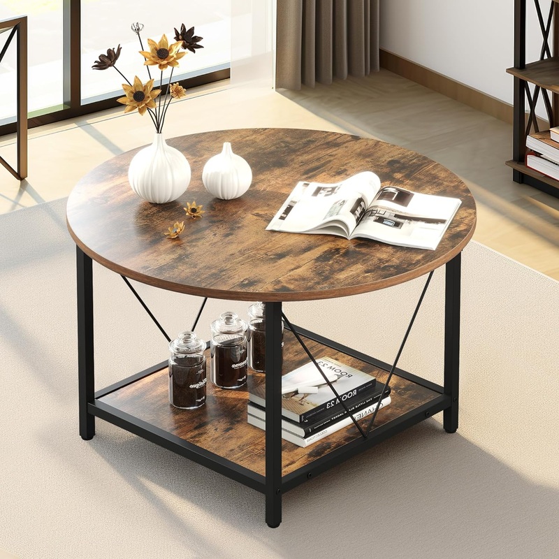 YITAHOME Round Coffee Table for Living Room, Rustic Circle Coffee Tables with Storage Shelf, Retro Farmhouse Coffee Cocktail Tables,Rustic Brown | Bigbigmart.com