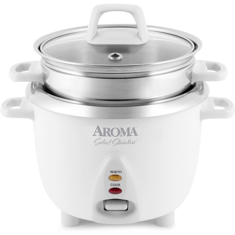 Aroma Housewares 6-Cup (Cooked yield ) / 1.2Qt. Select Stainless Pot-Style Rice Cooker, & Food Steamer, One-Touch Operation, White | Bigbigmart.com