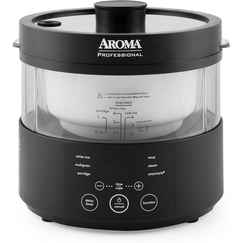 Aroma Housewares Professional 8-Cup (Cooked) SmartCarb Multicooker and Flavor-Lock Food Steamer for Low-Carb Rice and Grains, Glass Inner Pot, Black (AMC-800), Transparent Glass, 4 Cup Uncooked Rice | Bigbigmart.com