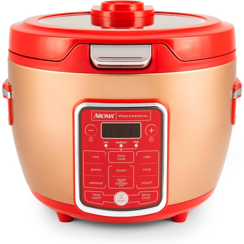 Aroma Professional ARC-1230R Cool Touch Glass Lid, Food Steamer, Slow Cooker, Multicooker with 11 Preset Functions, Steam Tray, Measuring, Rice Spatula, 20 Cup Cooked, Red | Bigbigmart.com