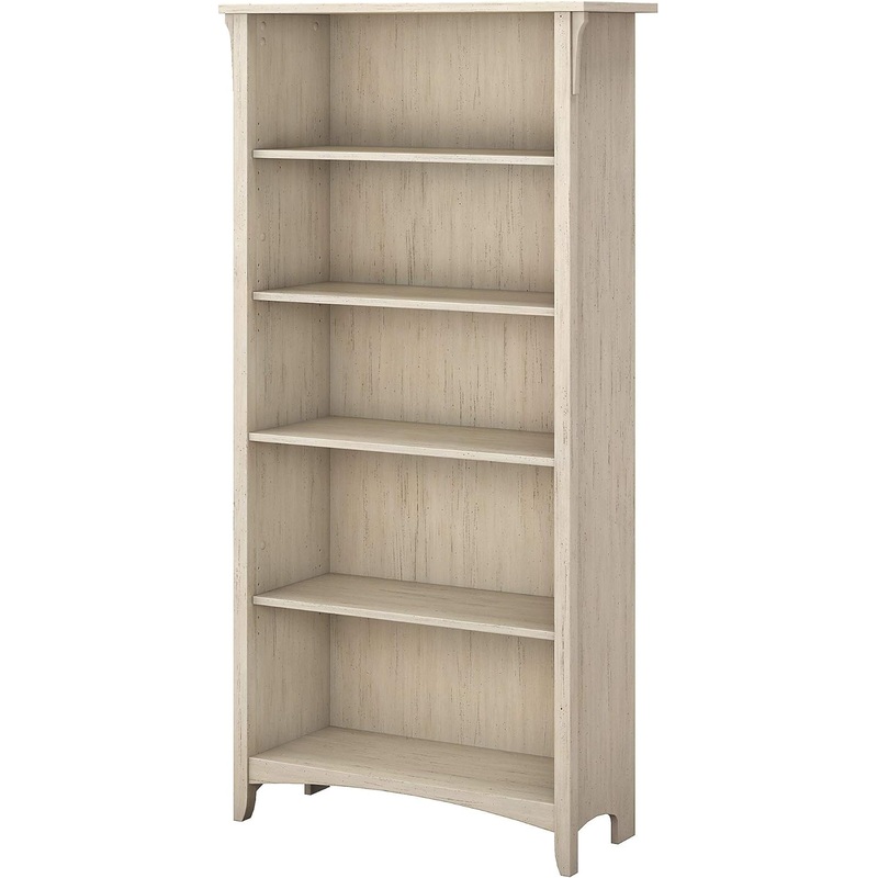 Bush Furniture Salinas Tall 5 Shelf Bookcase in Antique White Distressed Style Book Case Bookshelf for Bedroom, Living Room & Pantry Tall Bookcase Book Shelf for Bedroom | Bigbigmart.com