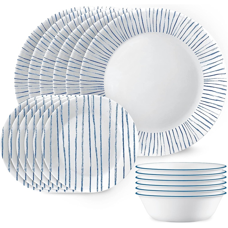 Corelle 18-Piece Dinnerware Set, Service for 6, Lightweight Round Plates and Bowls Set, Vitrelle Triple Layer Glass, Chip Resistant, Microwave and Dishwasher Safe, Nautical Stripes | Bigbigmart.com