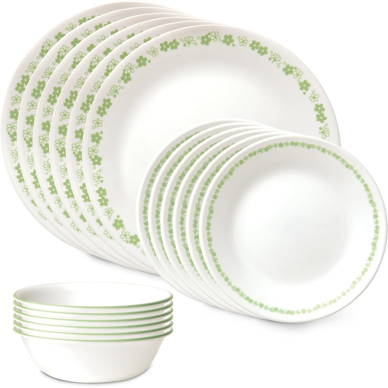 Corelle Vitrelle 18 Piece Glass Dinnerware Sets, Service for 6, Triple Layer Chip & Crack Resistant Glass Plate and Bowl Sets, Spring Blossom Green | Bigbigmart.com