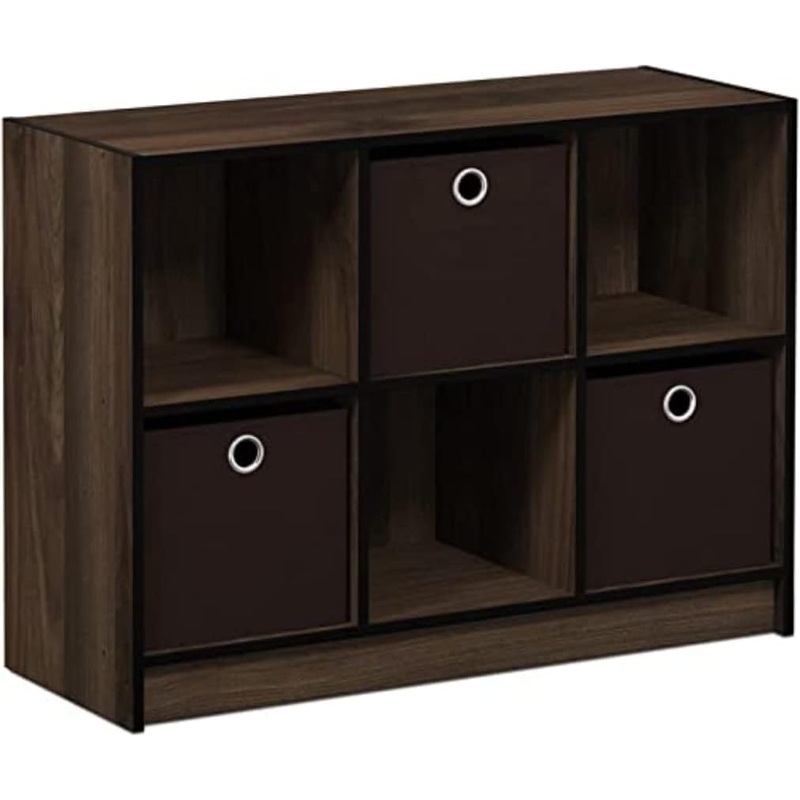 Furinno Basic 3×2 Cube Storage Bookcase Organizer with Bins, Columbia Walnut/Dark Brown | Bigbigmart.com
