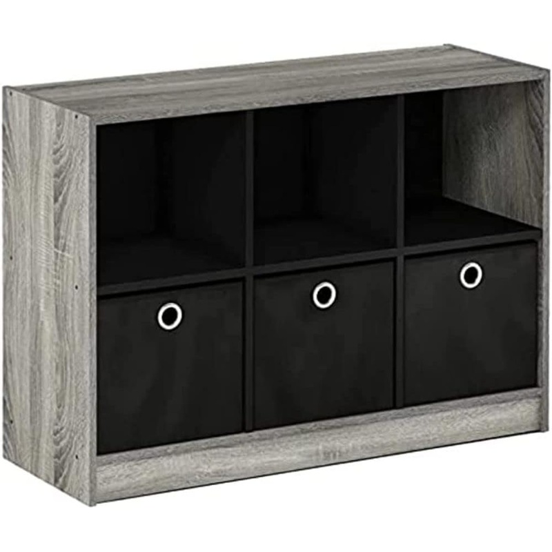 Furinno Basic 3×2 Cube Storage Bookcase Organizer with Bins, French Oak Grey/Black | Bigbigmart.com